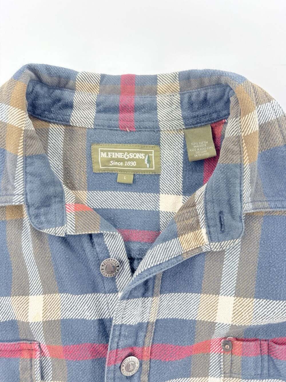 M. Fine & Sons Plaid Flannel Shirt Size L Blue Long Sleeve